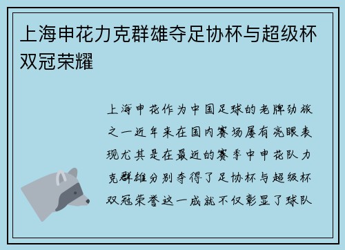 上海申花力克群雄夺足协杯与超级杯双冠荣耀