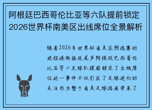 阿根廷巴西哥伦比亚等六队提前锁定2026世界杯南美区出线席位全景解析